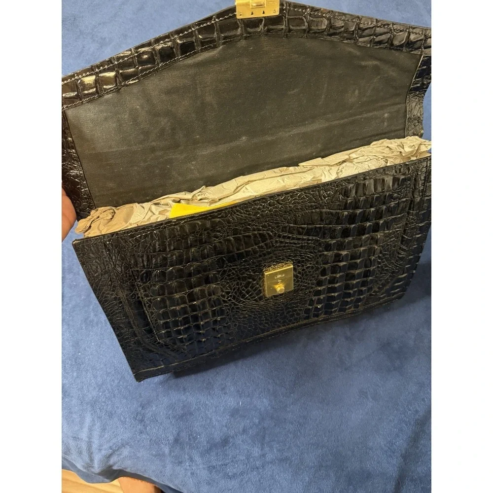 Vtg 1970s Swiss AMIET Leather Briefcase Alligator Embossed Black Genuine Leather